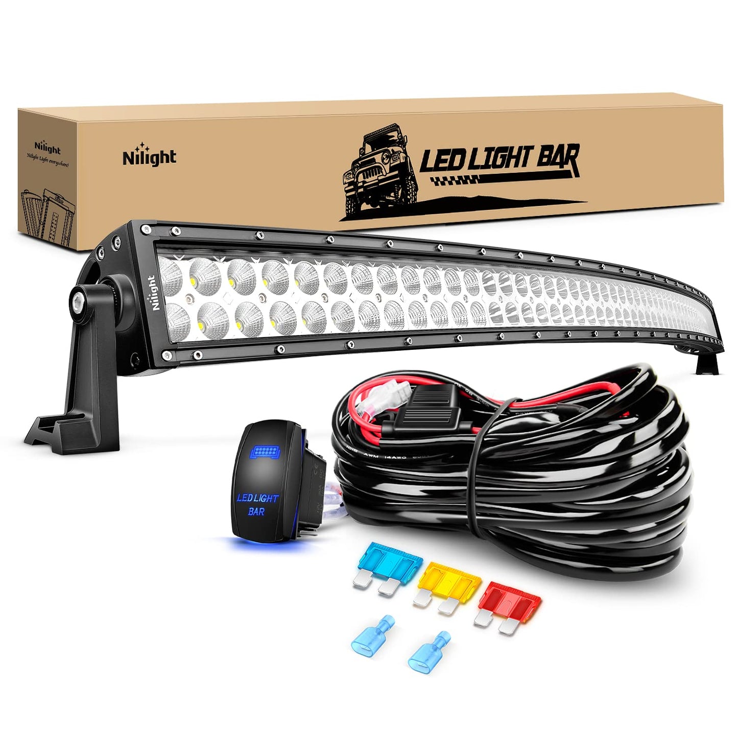 Nilight 54 Inch 312W Curved Spot Flood Combo Led Light Bar LED Off Road Light Driving Light and 1PC 14AWG 12V 5Pin Rocker Switch Wiring Harness Kit - 1 Lead