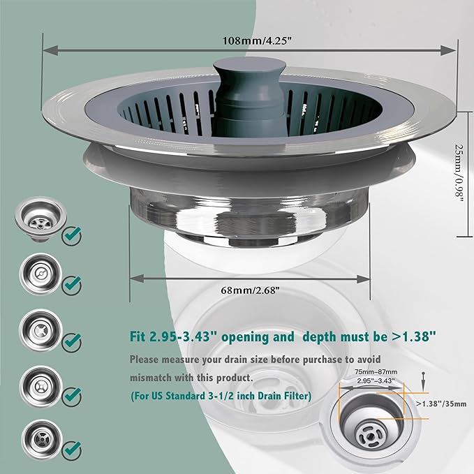 Kitchen Sink Drain Strainer 3 in 1, 304 Stainless Steel Pop Up Sink Stopper