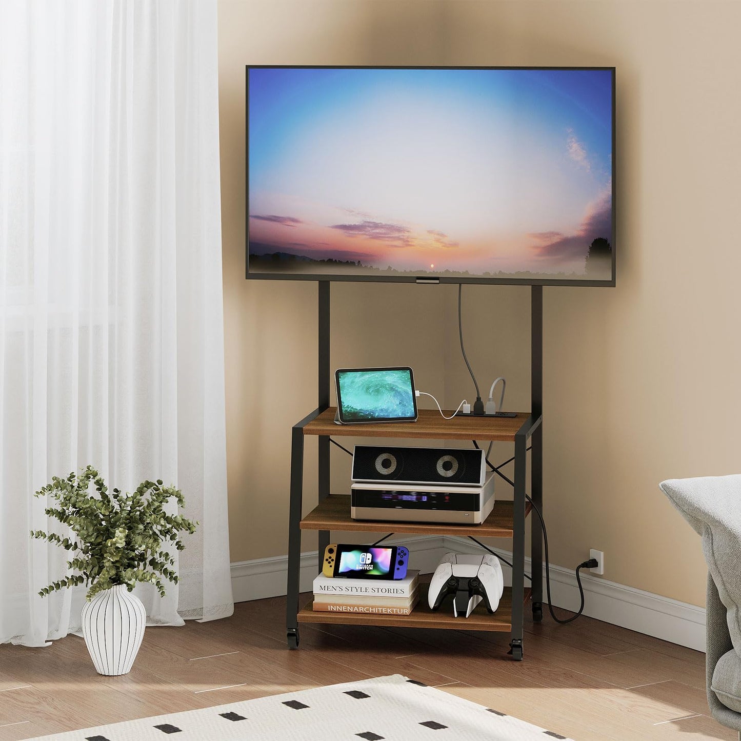 HOOBRO Rolling TV Stand with Mount and Power Outlet Up to 55 inch TV, Corner Entertainment Center, Small TV Stand with 3-Tier Storage Shelves for Living Room, Bedroom, Rustic Brown and Black BF66UDS01