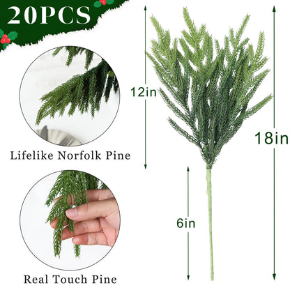 Juxdp 20 Pcs Soft Textured Norfolk Pine Branches, Artificial Christmas Green Plants Branch Faux Greenery Stem Fake Pine Picks for Vase DIY Crafts Garland Wreath Xmas Indoor Outdoor Decor(18 Inches)