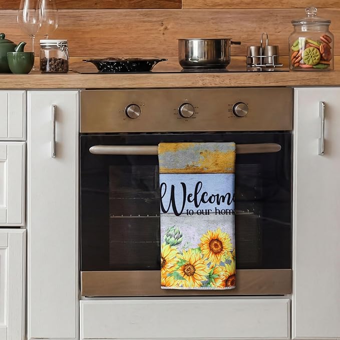 Bencailor 4 Pcs Sunflower Kitchen Towels Farmhouse Wood Grain Hand Dish Towels