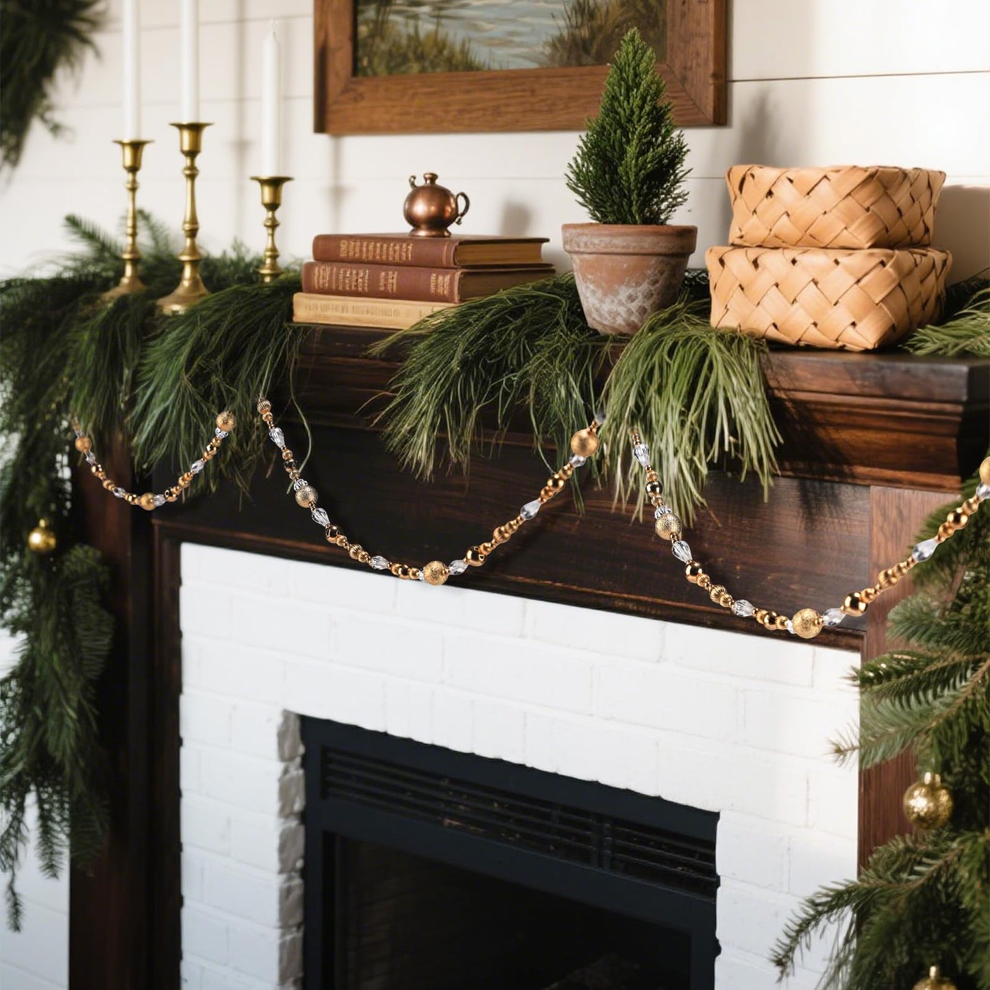 Highergo 16ft Christmas Tree Bead Garland Retro Bead Garland Candy Christmas for Tree Party Supplies Staircase Fireplace Hanging Ornaments (Gold,Ornaments)
