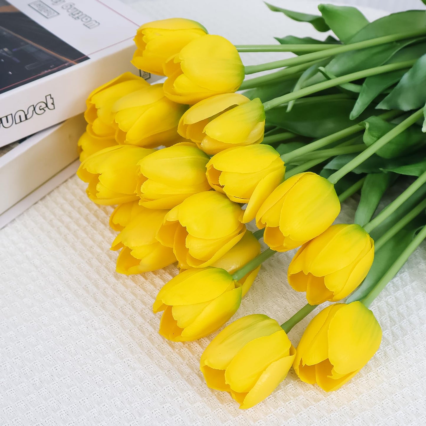 20 Pcs Real Touch Artificial Tulips with Vase, Large Faux Flower Arrangement in Heavy Fluted Glass, Bouquet for Dining Table Centerpiece, Home Office, Spring Decor, Set with Dust Bag (Yellow)