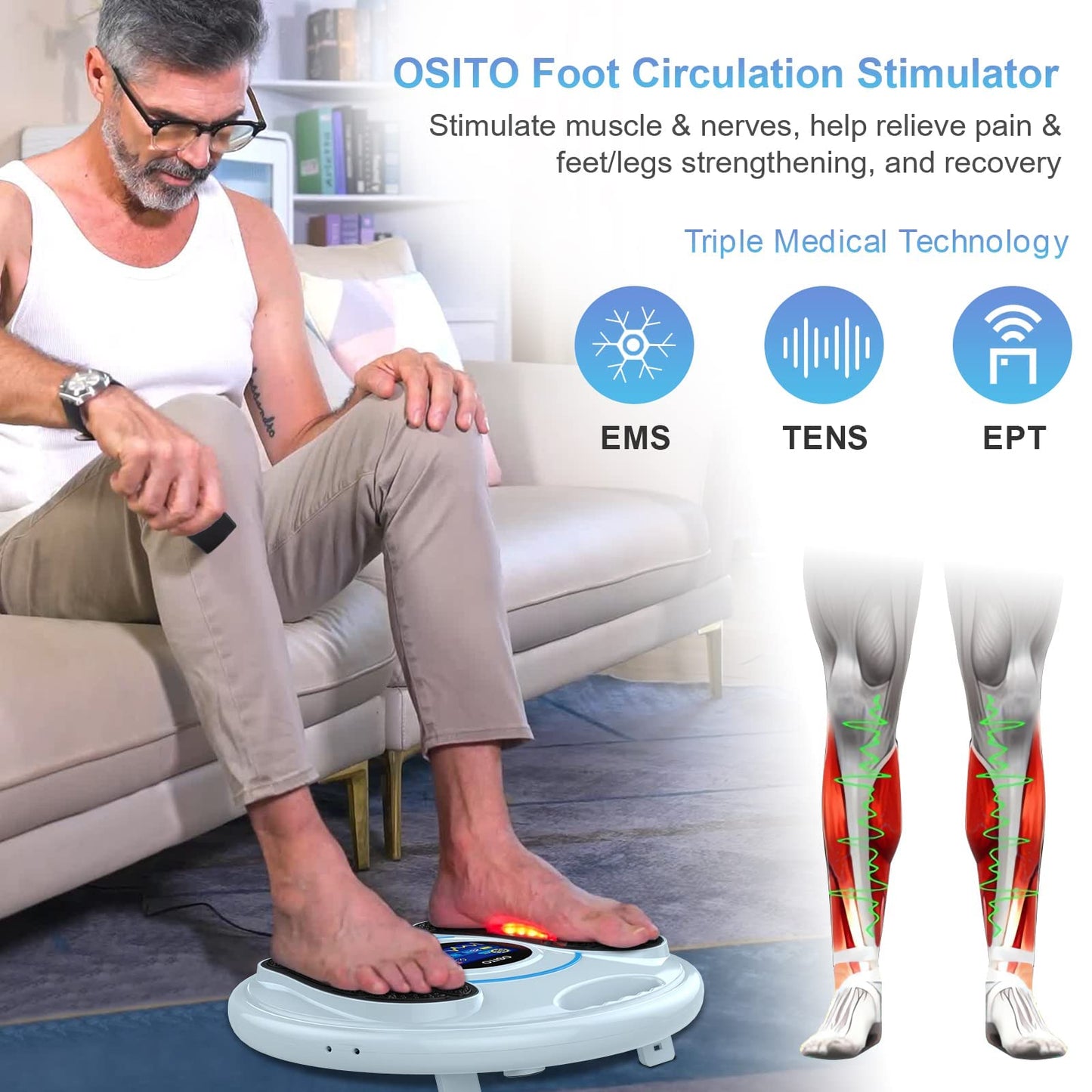 Foot Circulation Plus (FSA or HSA Eligible) - Medic Foot Massager Machine with TENS Unit, EMS (Electrical Muscles Stimulator) Feet Legs Health for Neuropathy, Diabetes, Relieve Pains and Cramps, RLS