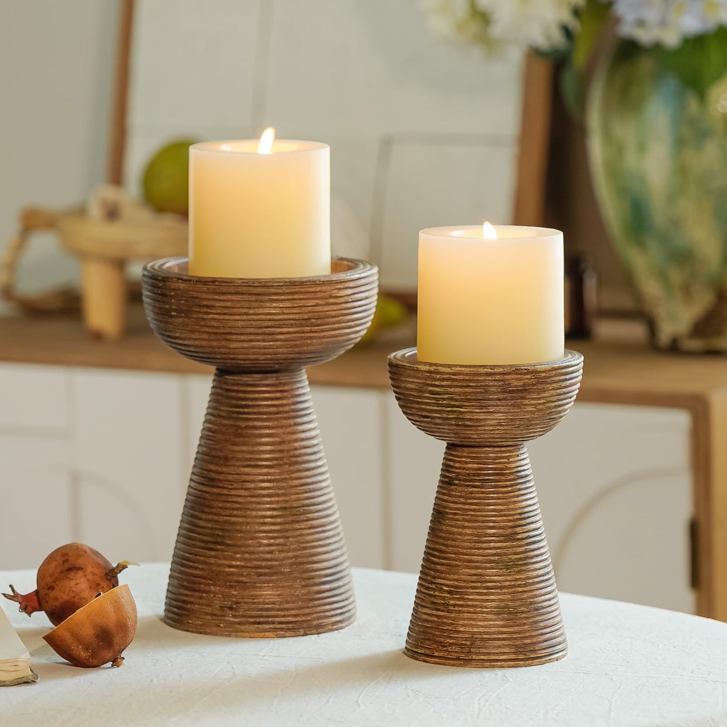 NIKKY HOME Modern Farmhouse Pillar Candle Holders Set of 2, Brown