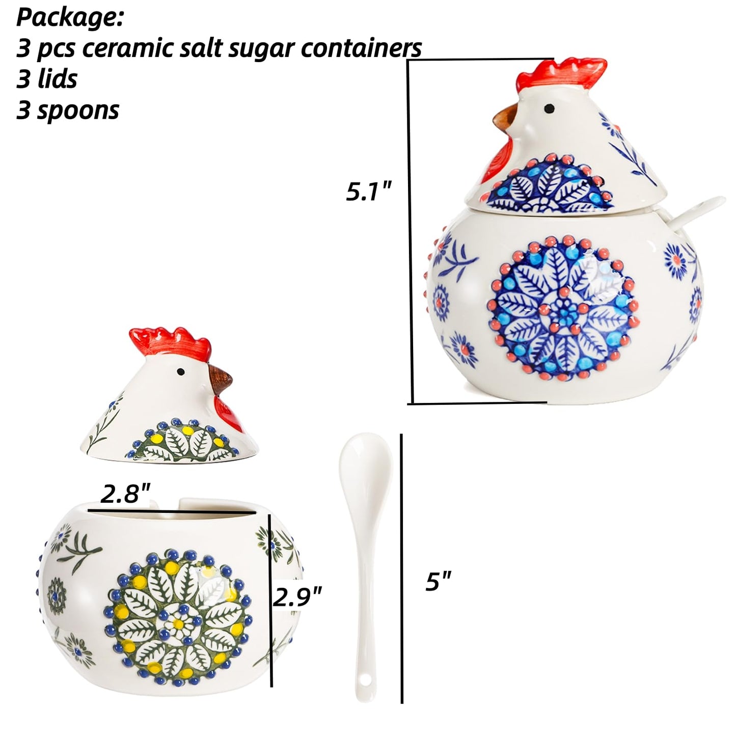 Dicunoy 3 Pack Ceramic Salt Sugar Containers, Large 13 OZ Chicken Salt Cellars with Lids and Spoons, Farmhouse Style Sturdy Condiment Jars for Serving, Home, Kitchen Countertop