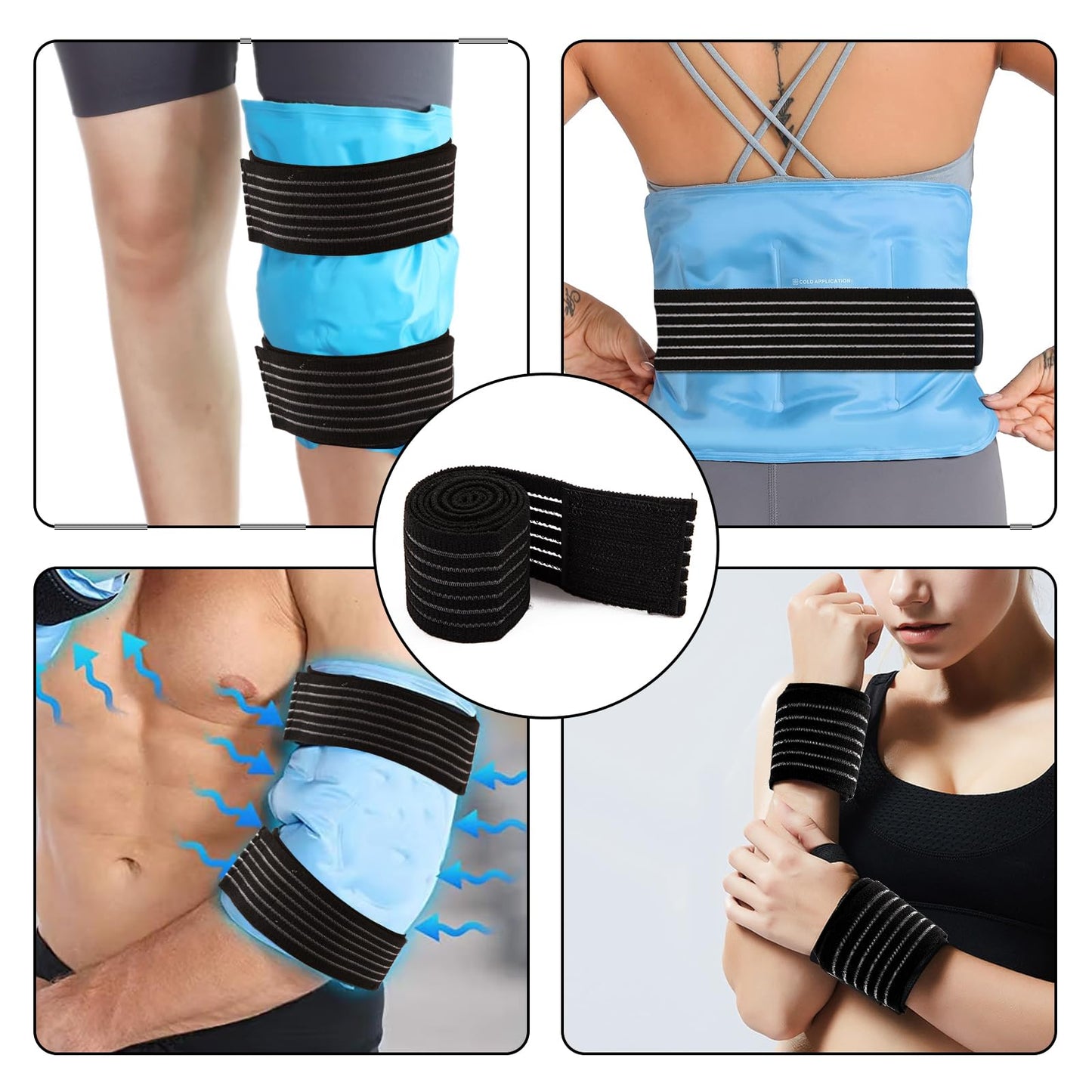 4-Pack Elastic Ice Pack Straps with Hook & Loop, 35.5"x2" Reusable Fastening Bands for Cold/Hot Therapy, Comes with Adjustable Extension Straps,Reusable Ice Belt Extender (Black)