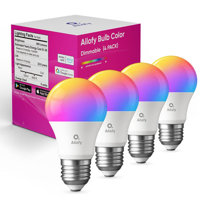 Ailofy LED Smart Light Bulbs, 16M Color Changing Dimmable, Compatible with Alexa & Google Assistant, RGBCW Colored Bulb, WiFi Light Bulbs, A19 E26, 9W 800LM, 1800K-6500K Tunable White, 4 Pack