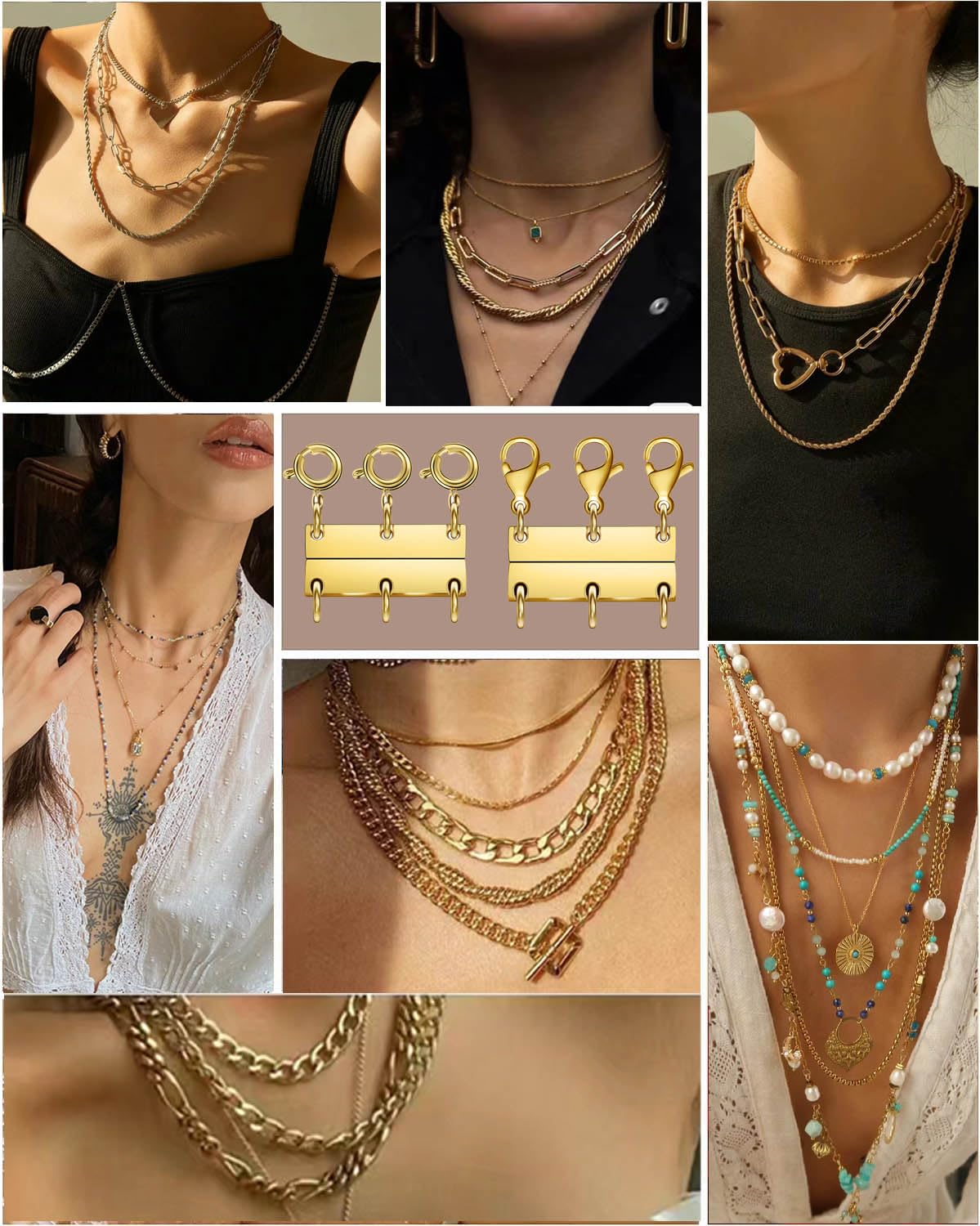 Layering Magnetic Necklace Clasps, Multiple Necklace Clasp,Necklace Clasps for Layered Look，Stainless Steel Chain Link Clasps for Necklaces and Bracelets, Silver, Gold (3golden 3silver A)