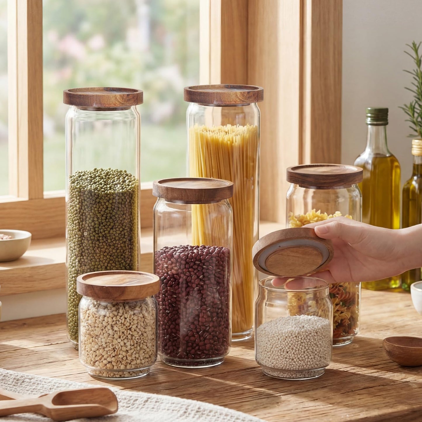 SiliFine 6 Set Glass Pantry Storage Jar with Acacia Airtight Lid 3 Size Glass Storage Container Jar for Pasta Spaghetti Cereal Coffee Bean Flour Sugar Rice, 17oz, 35oz, 53oz (Wood Lid)