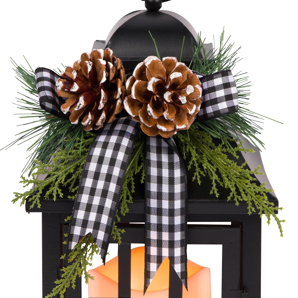 Orchid & Ivy Set of 2 11-Inch Rustic Black Metal Christmas Holiday Lanterns w/ Flameless LED Candle, Timer, Greenery, Plaid Bow – Country Farmhouse Hanging or Tabletop Decoration – Xmas Home Decor