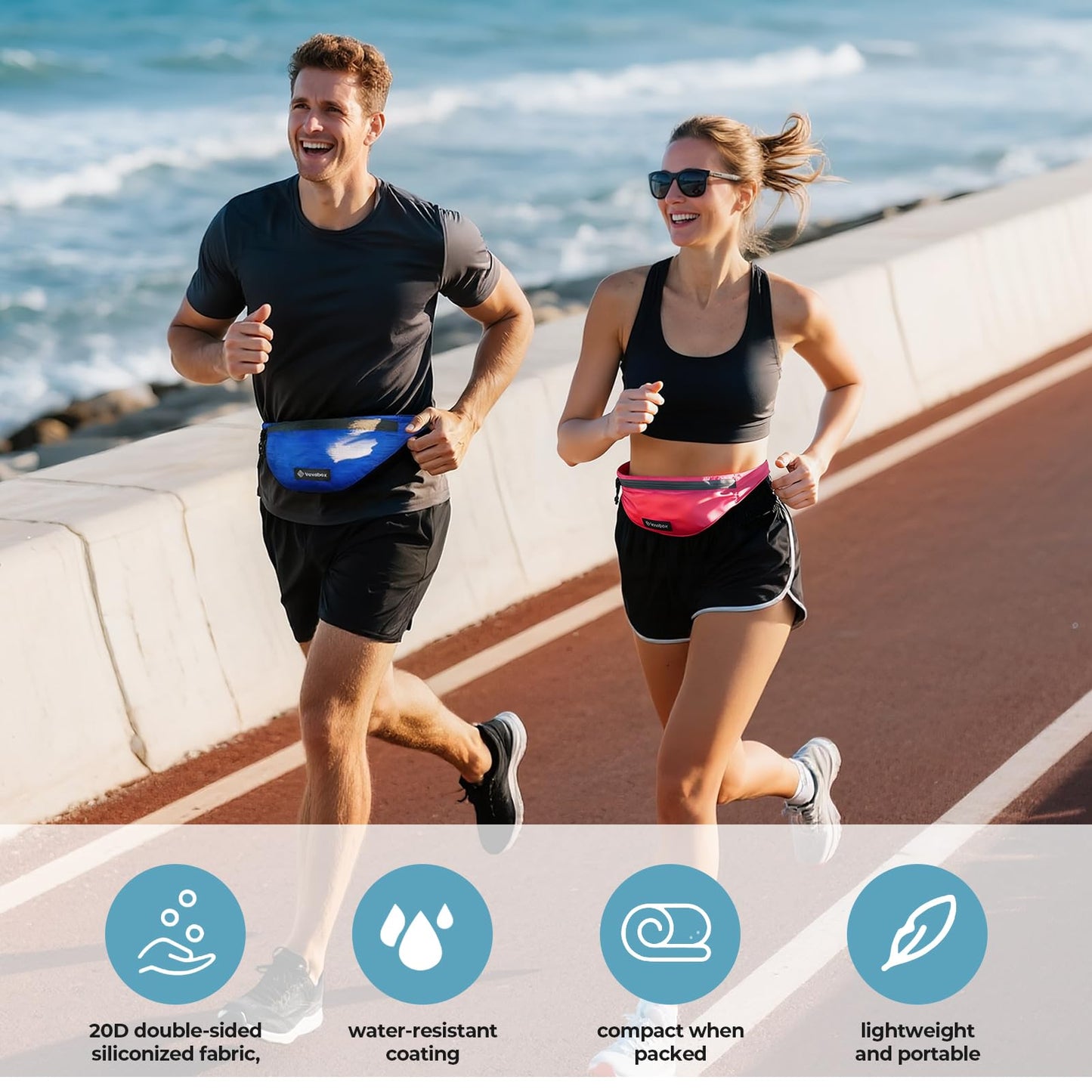Vavabox Extremely Lightweight Running Belt for Men Women, Fanny Pack Travel Bum Bag with 2 Zippers, Water-Resistant Waist Bag for Running Walking Hiking (Dark Blue)