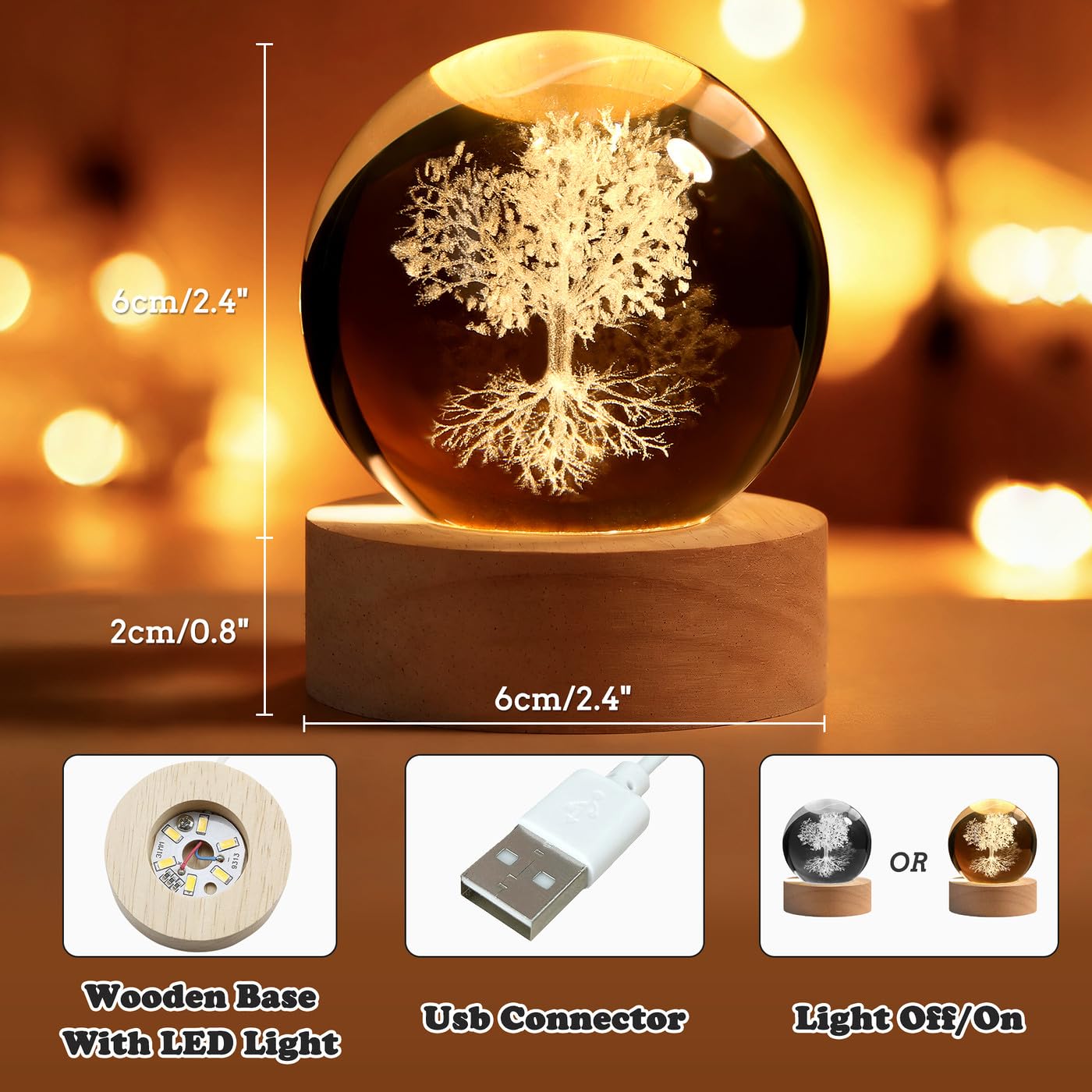 YATOJUZI 3D Tree of Life Crystal Ball 2.4" Laser Engraved Glass Ball with Lighted Base Tree of Life Night Light Decor Crystal Sphere Gifts for Women Birthday