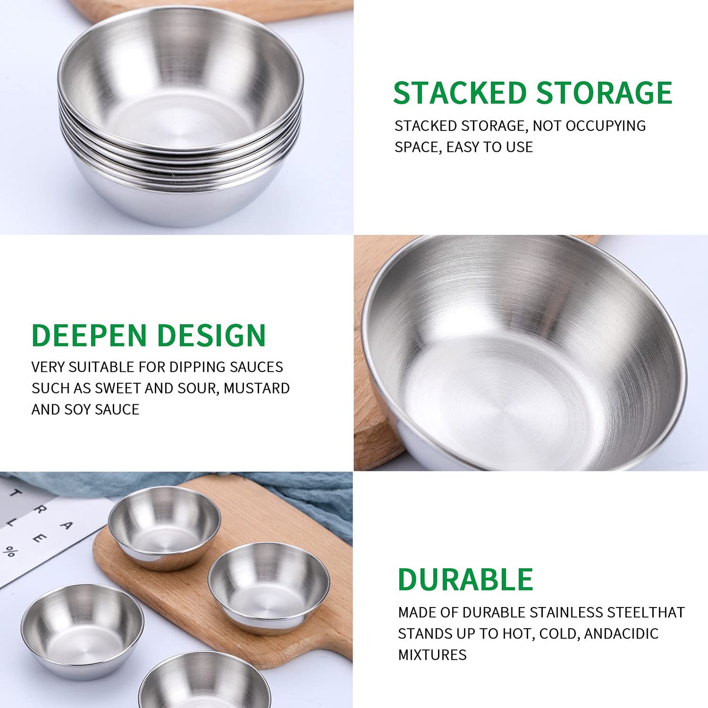 DINYWOW 12pcs Sauce Dishes 3.2 Inch Stainless Steel Round Seasoning Dishes Bowls Condiment Cups Sushi Dipping Small Dish Bowl Saucers Mini Appetizer Plates Silver Color