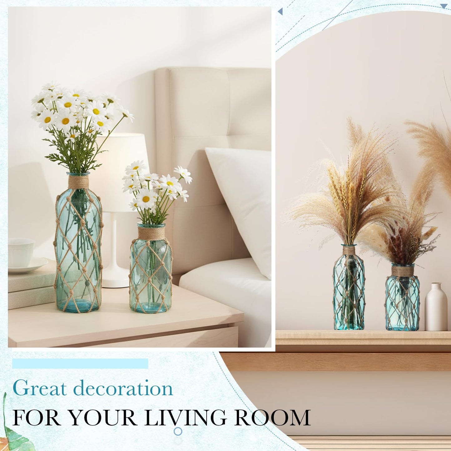 Chuangdi Set of 2 Coastal Glass Vases for Flowers TSITP Flower Vase with Boho Rope Small Sea Glass Jar Nautical Beach Bottle for Wedding Table Centerpieces Floral Arrangement Decor(Light Blue)