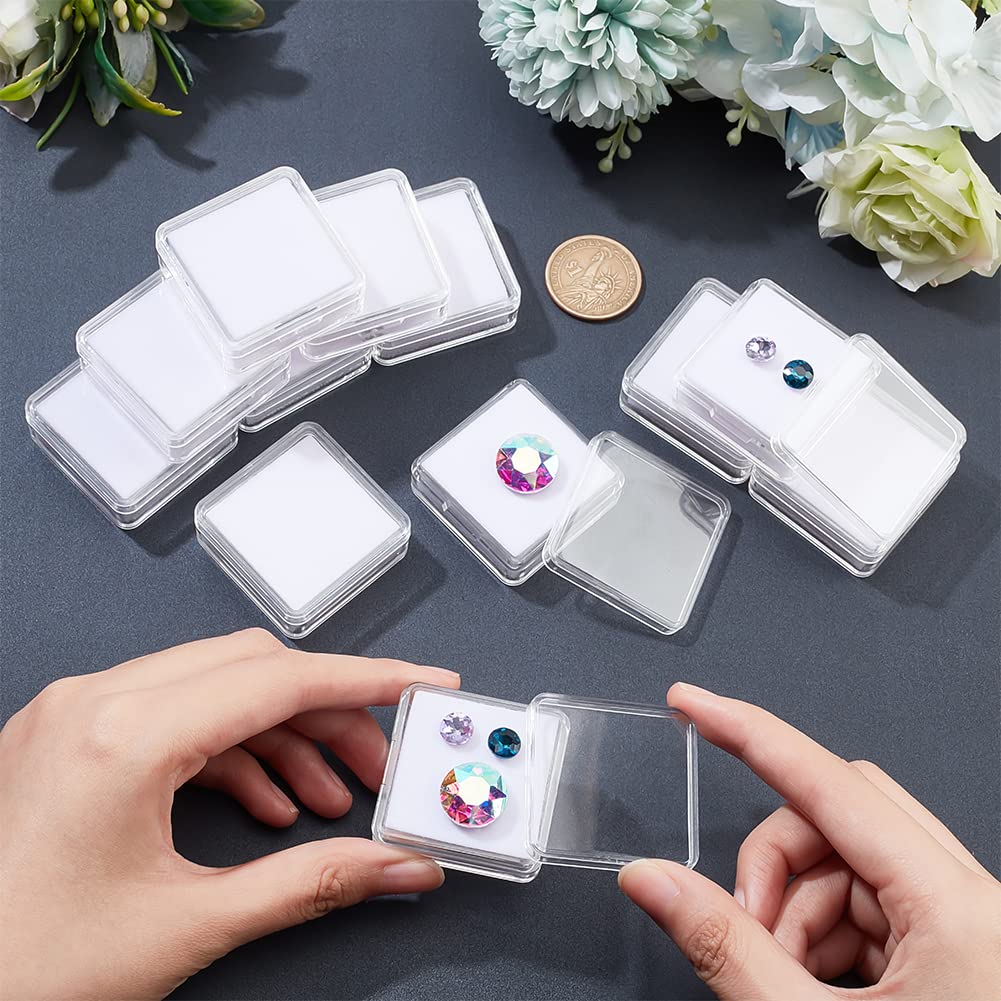 NBEADS 12 Pcs Gemstone Display Box, 1.6x1.6x0.6 Transparent Polystyrene Square Jewelry Display Container Diamond Storage Box with Clear Top Lids and White Sponge for Bare Stone Diamond