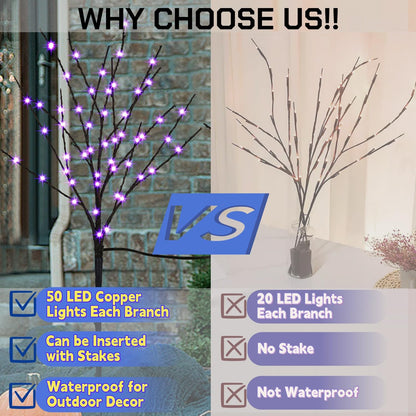 Lighted Halloween Tree Branches, 30IN 100LED Artificial Black Twig Branch with Purple Fairy Lights, Built-in Timer & Battery Operated, Waterproof for Indoor Outdoor Office Bedroom Party Decorations