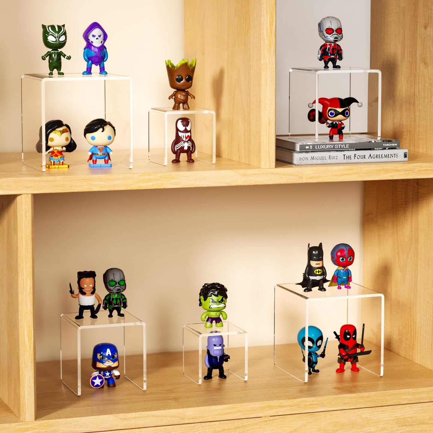 NIUBEE Acrylic Display Risers Stand 2 Sets,3 Steps Clear Riser Shelf Showcase for Amiibo Funko POP Figures -3"x3"x5"