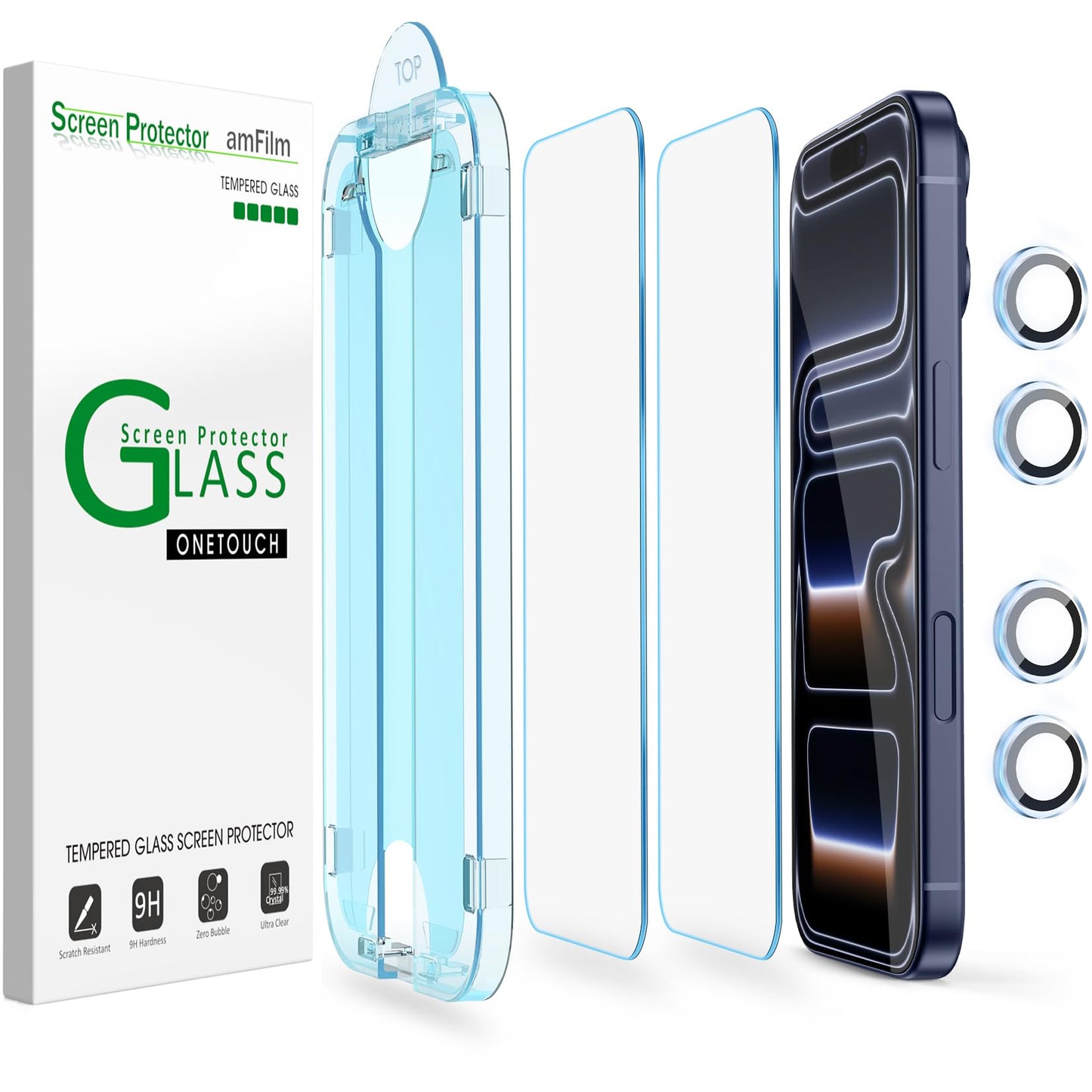 amFilm Easiest Installation OneTouch for iPhone 15 Pro Max Screen Protector [6.7 Inch] Tempered Glass + Camera Lens Protector, Auto-Alignment Tech, Bubble Free, Case Friendly, Anti-Scratch [2+2 Pack]