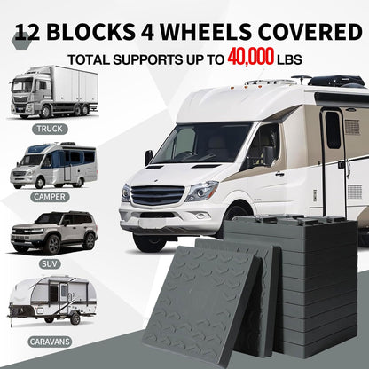 Keltrion 12 Pack Camper/RV Leveling Blocks Suitable for 4 Wheels Interlocking and Anti-Slip Design with Carrying Bag Heavy-Duty for Camper Travel Trailer Grey