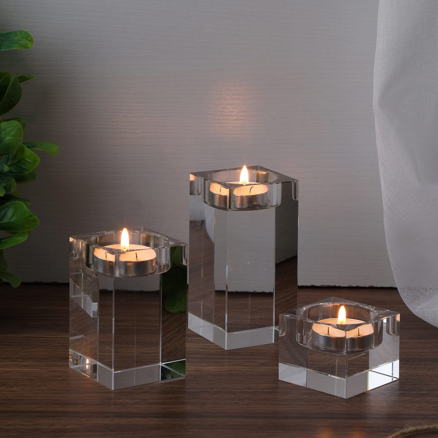 Perthlin 6 Pcs Crystal Tea Light Candle Holders Glass Votive Candle Stands Square Candlestick Holders for Wedding Dining Living Room Centerpiece Decorations, 1.57", 3.15", 3.94"