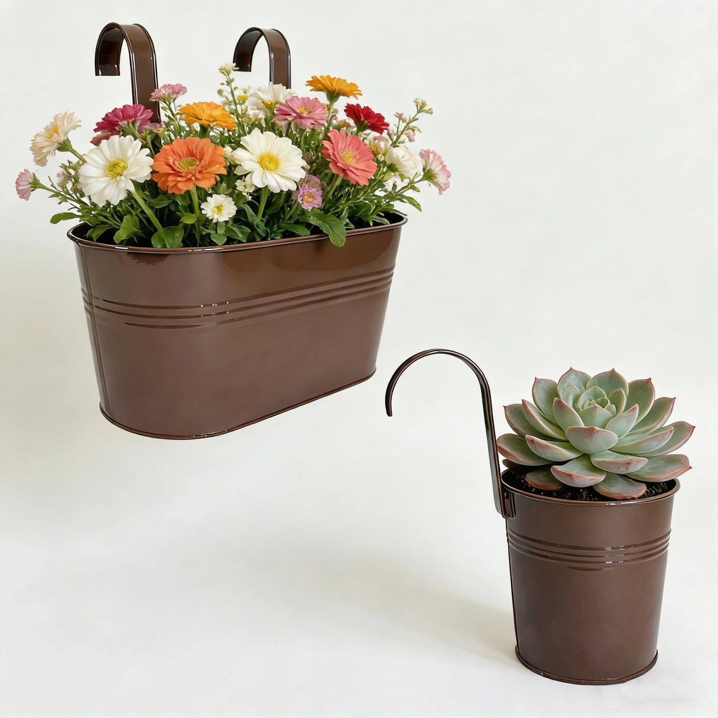 Joyfernal Pack of 4 Metal Hanging Planters for Outdoor Plants, 2 Pcs 4" Round Railing Planter & 2 Pcs 10" Oval Fence Flower Pots for Balcony Garden Decor, Chocolate