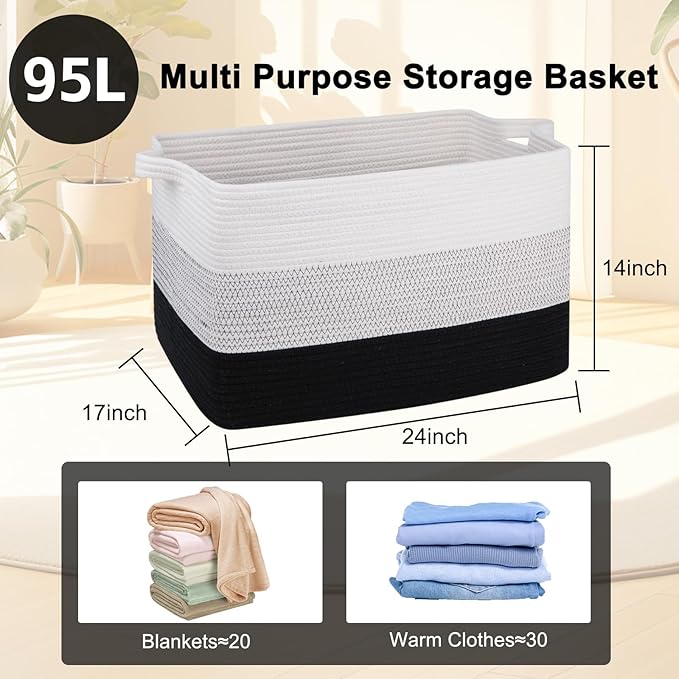 OIAHOMY Extra Large Blanket Basket, 95L Cotton Rope Woven Laundry Basket