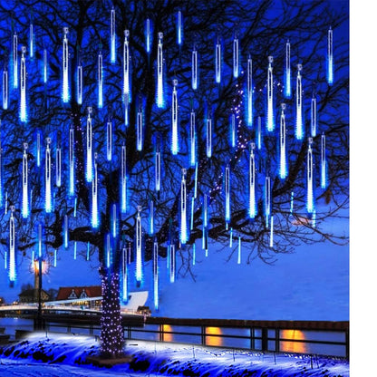 Kordain Outdoor Christmas Lights, Falling Rain Meteor Shower 12 inch 8 Tubes 144 LED Snow Icicle Cascading Fairy String Lights for Holiday Wedding Party Garden Tree Decor, UL Plug, Blue