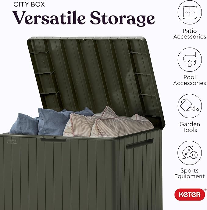Keter City 30 Gallon Resin Outdoor Storage Box & Patio Side Table for Balcony, Pool, Deck & Garden Accessories, Weather‑Resistant, Mossy Brown