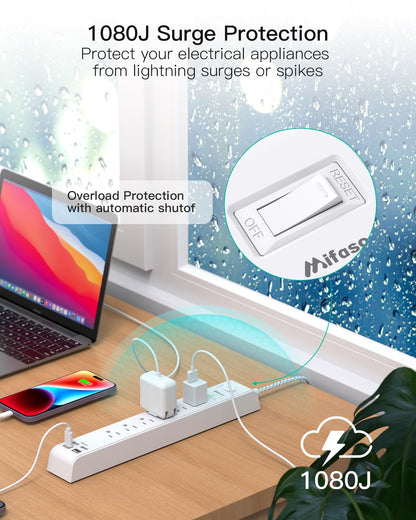 2 Pack Power Strip, 12FT Long Extension Cord, Surge Protector with 6 Outlets and 4 USB Ports (2 USB C), Flat Plug Overload Protection, Extension Cord 10+ ft, Wall Mount for Home Office Dorm College