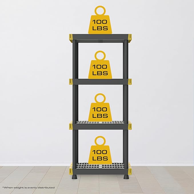 BLACK & YELLOW 4-Tier Heavy Duty Plastic Storage Shelves that Support up to 100lbs/shelf, Organization and Storage, Weather-Resistant Design, Easy Assembly, Made in The USA (55H x 24W x 20D)