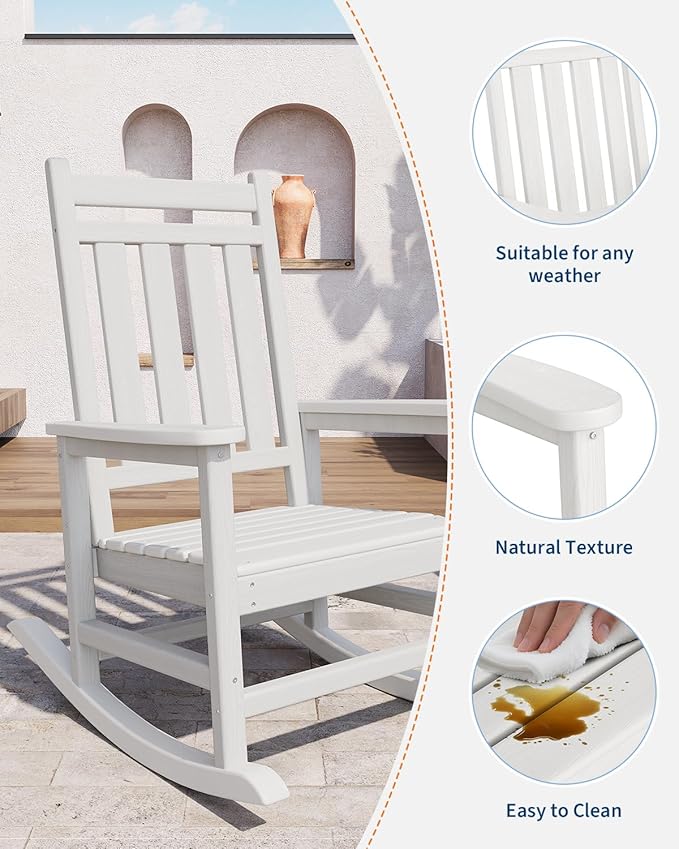 GarveeLife Poly Lumber Rocking Chair Outdoor - HDPE High Back Porch Rocker Chairs for Adults - All Weather Resistant Furniture for Patio - White