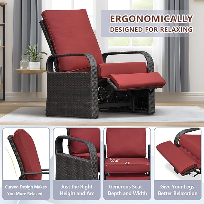 Outdoor Recliner, Outdoor Resin Wicker Patio Recliner Chair with 5.5'' Cushions, Patio Furniture Auto Adjustable Rattan Sofa, UV/Fade/Water/Sweat/Rust Protected, Easy to Assemble (Red)