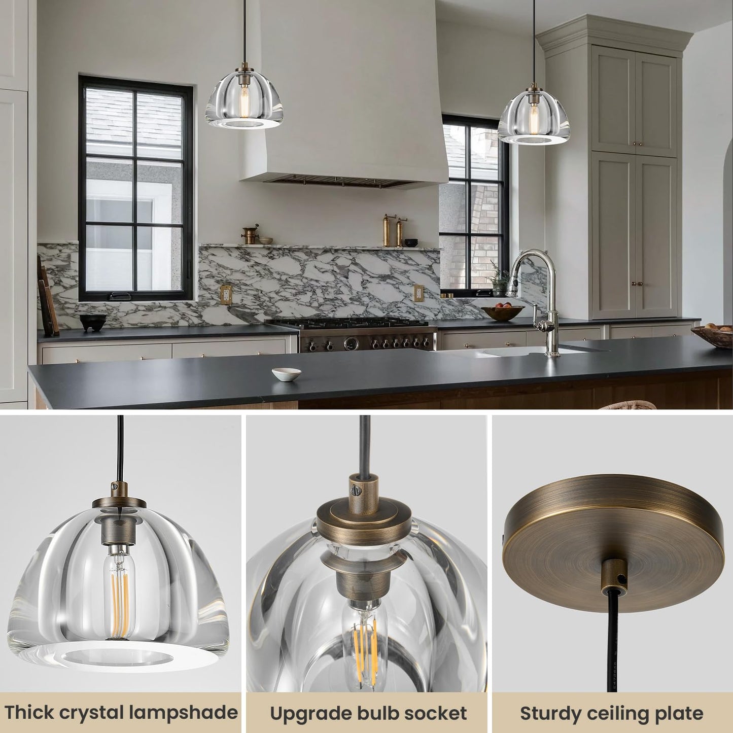 Aged Brass Crystal Pendant Light: Set of 2 Dimmable Antique Copper Hanging Pendant Light Fixtures over Kitchen Island -7" Modern Luxury Vintage Dining Room Pendants Lighting 3000k E12 Bulb Included