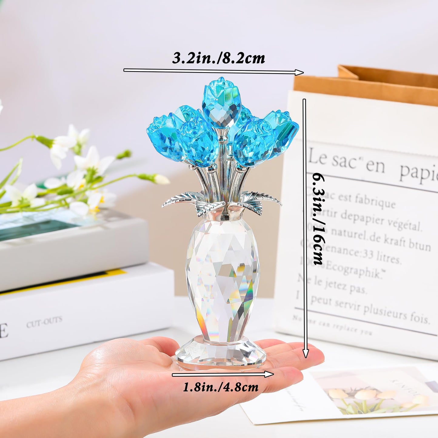 YWHL Crystal Lake Blue Rose Flower Bouquet Figurine with Vase, Handmade Glass Rose Flowers Gifts for Women on Mother's Day Valentine's, Crystal Roses with Stem Home Table Decor for Christmas