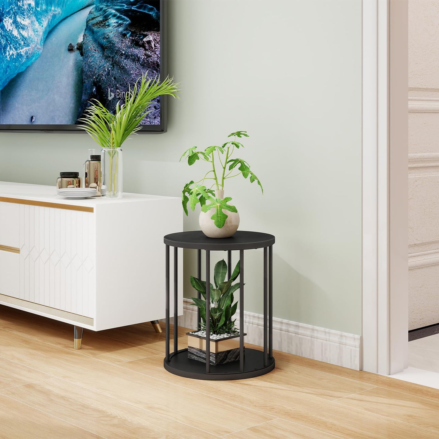 Leinade Plant Stand Indoor,small plant stool,Flower Pot Corner stand holder,Mid Century Heavy Duty Metal Tall Home Decor,Modern Round End Table,Small Rustic Display Stand for Living Room,Bedroom(Black,14In)