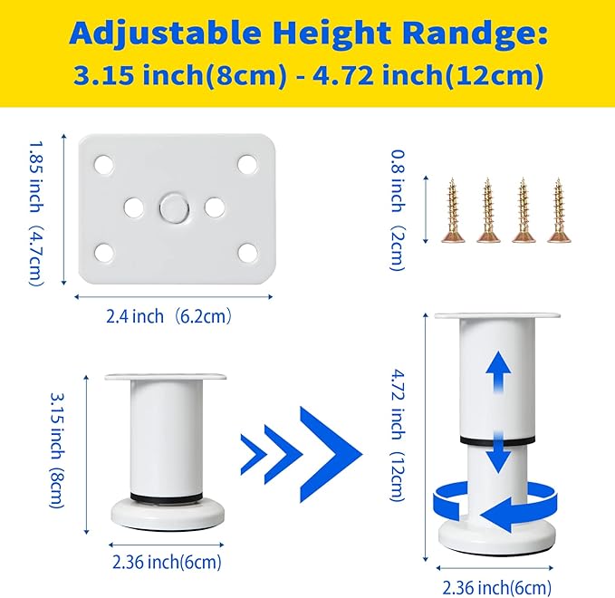 4 Pcs Adjustable Height Furniture Support Legs 3.15-4.72 inch, Metal Heavy Duty