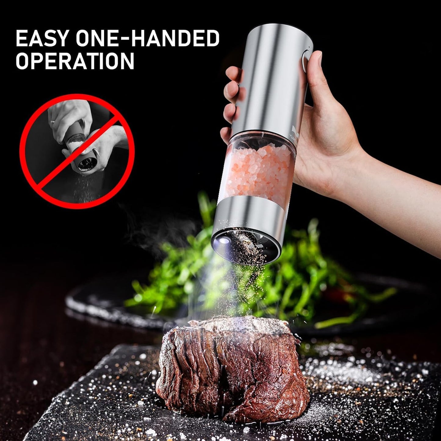 Electric Salt and Pepper Grinder Set Rechargeable, Yumcian Automatic Shakers Set with Adjustable Coarseness and LED Light, Stainless Steel Mill Set, Upgraded Larger Capacity