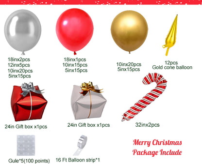 Bonropin Christmas Balloon Garland Arch Kit - Xmas Red Gold Silver Candy Cane Balloons Gift Box Starburst Balloons for New Year Winter Christmas Party Decorations