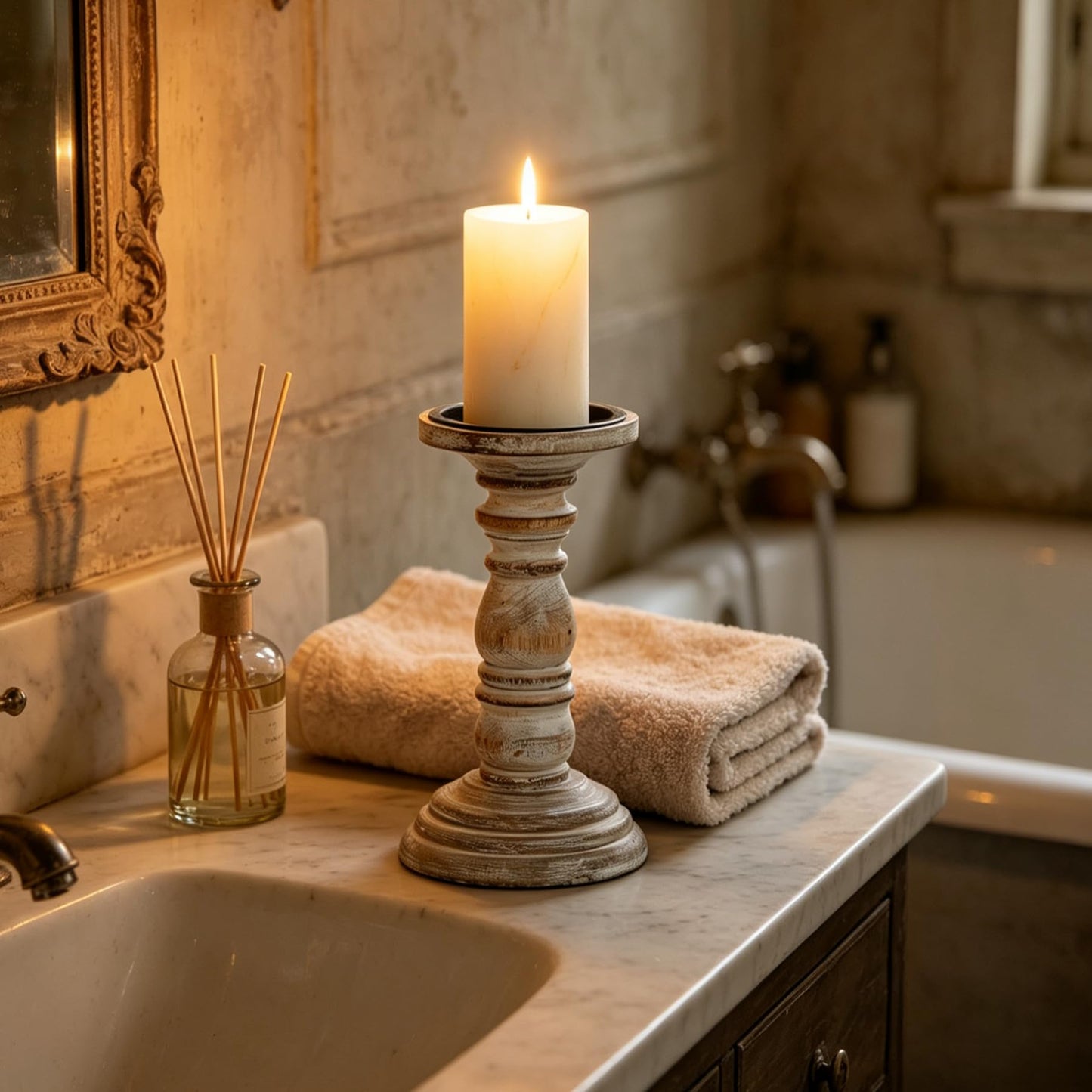 Hosley's 8 Inch High Wood Candle Holder for Pillar Wax Candles Flameless Candle. Distress Finish Candleholder. Ideal Gift for Wedding Party Home Spa Reiki Aromatherapy Candle Gardens O4