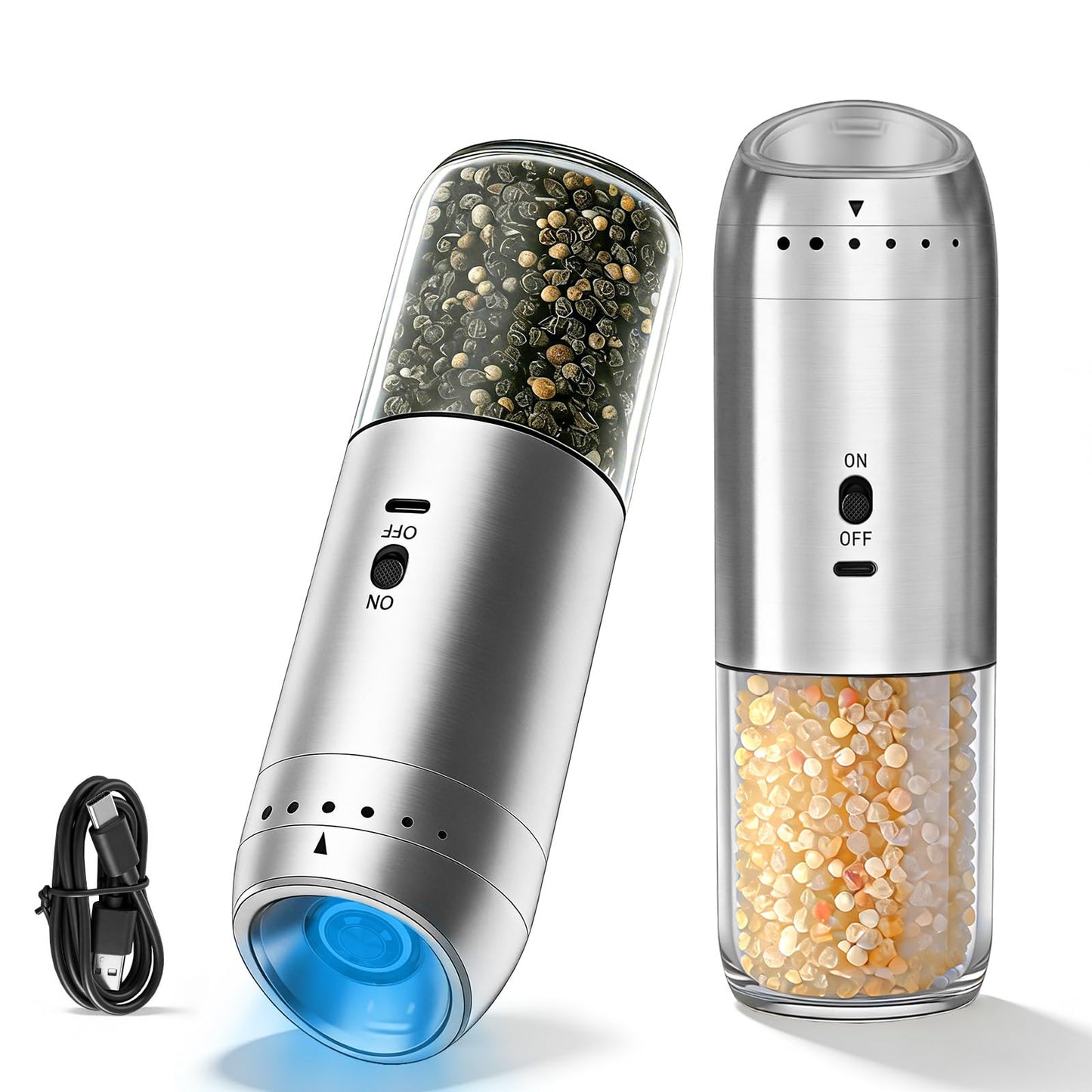 Electric Salt and Pepper Grinder Set, Automatic Enlarged 176ml Mill 2 Pack, Gravity-Sensing, Rechargeable Pepper Grinder, Stainless Steel, 6 Adjustable Coarseness, Kitchen Gadget Accessories
