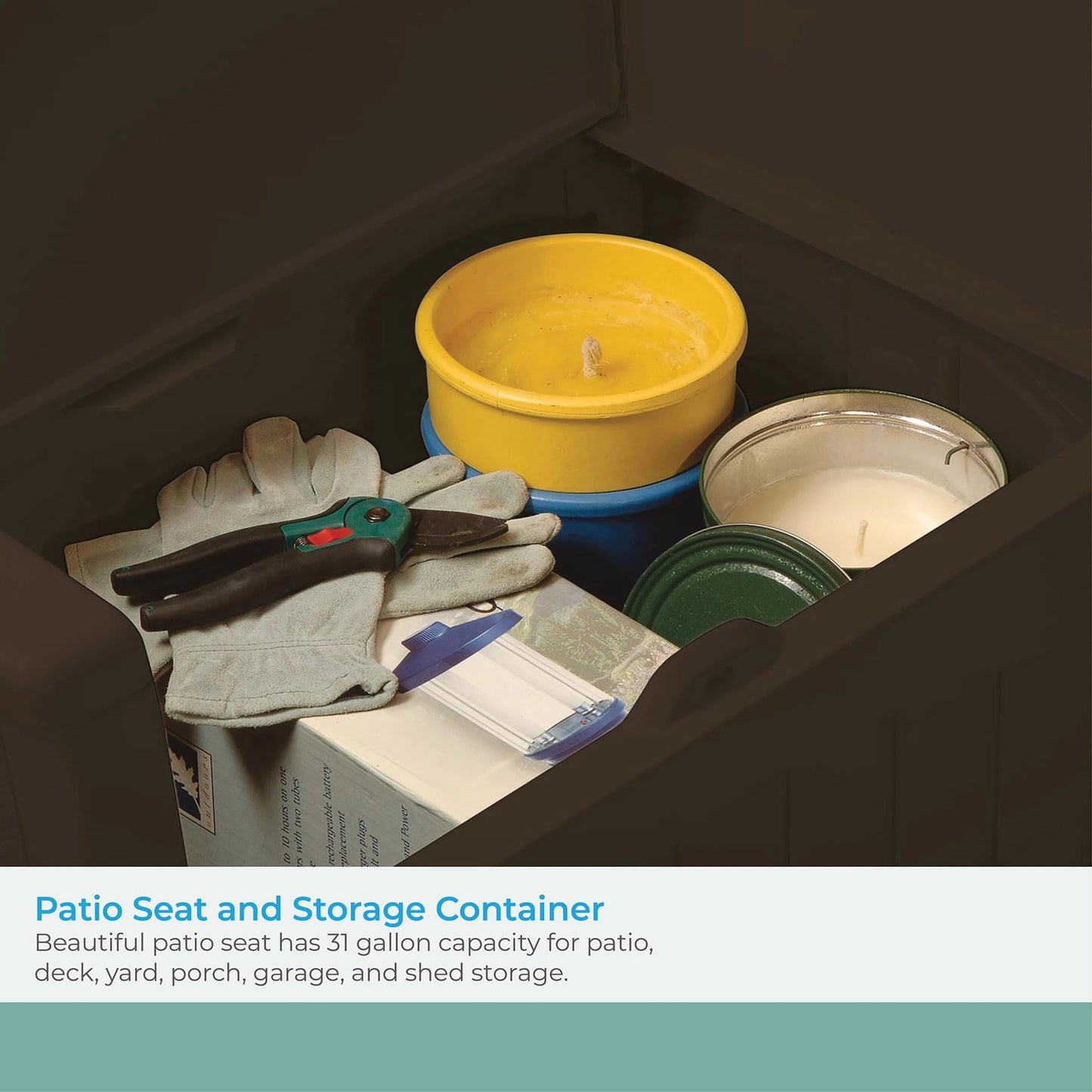 Suncast 31 Gallon Outdoor Backyard Garden Patio Seat Storage and Bench Chair with Arm Rest, Java