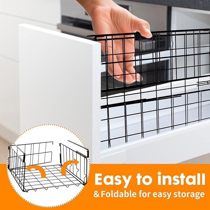 Hanging Under Shelf Storage Basket, 4 Pack Foldable Under Cabinet Metal Desk