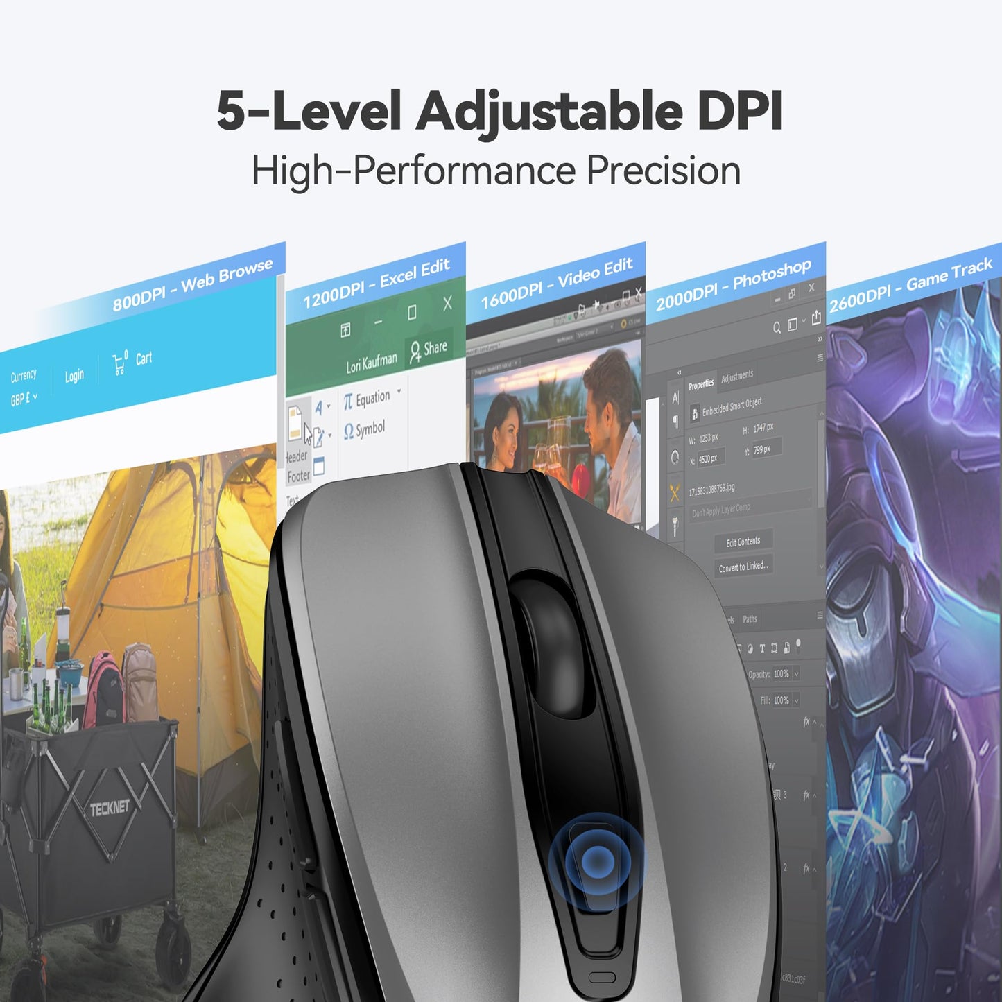 TECKNET Wireless Mouse, 2.4G Ergonomic Optical Mouse, Computer Mouse for Laptop, PC, Computer, Chromebook, Notebook, 6 Buttons, 24 Months Battery Life, 2600 DPI, 5 Adjustment Levels