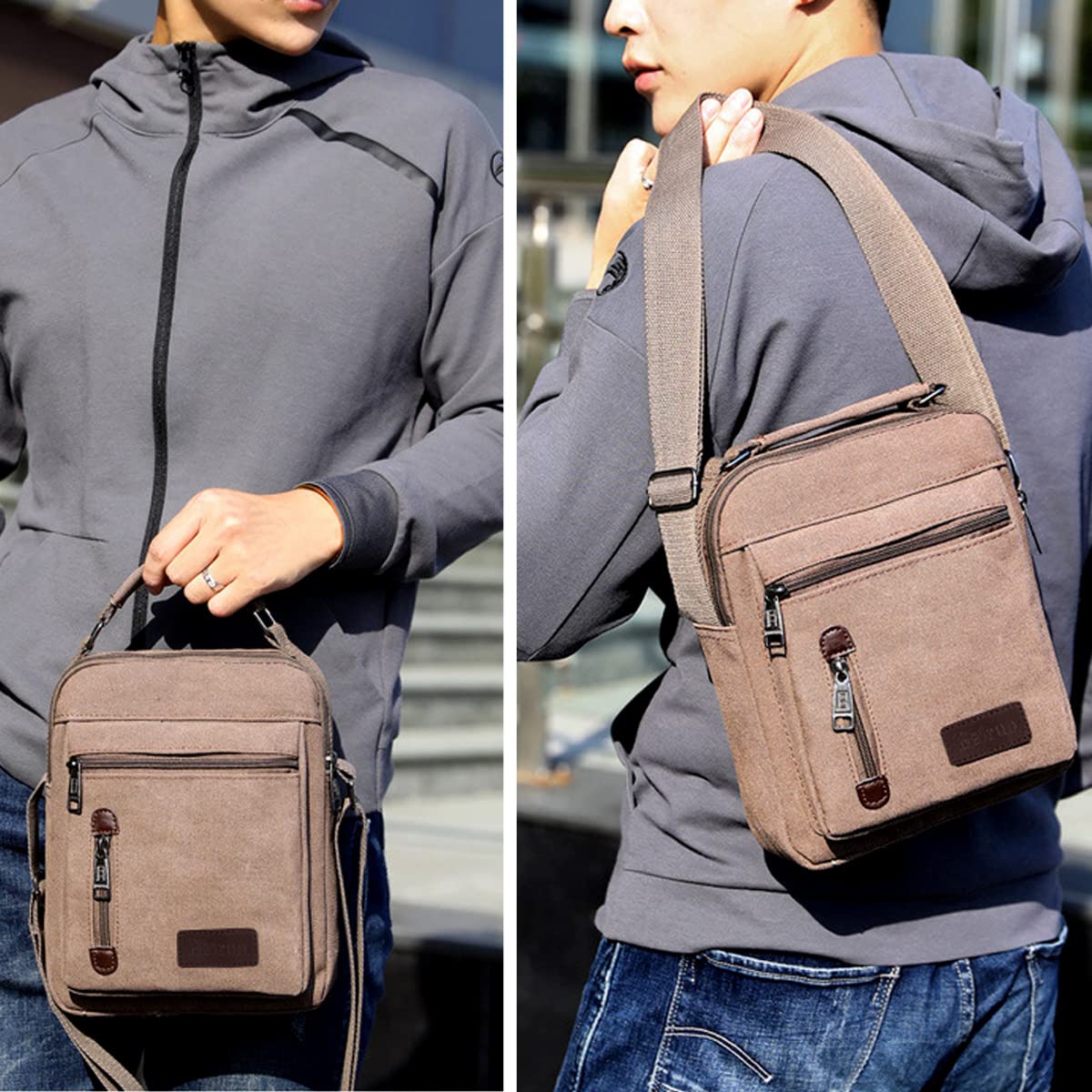 A-QMZL Mens Shoulder Bag Canvas Messenger Bags Travel Crossbody Bag Large Capacity Casual Handbag with Multiple Pockets for Working Shopping Hiking Daily Use (Brown)