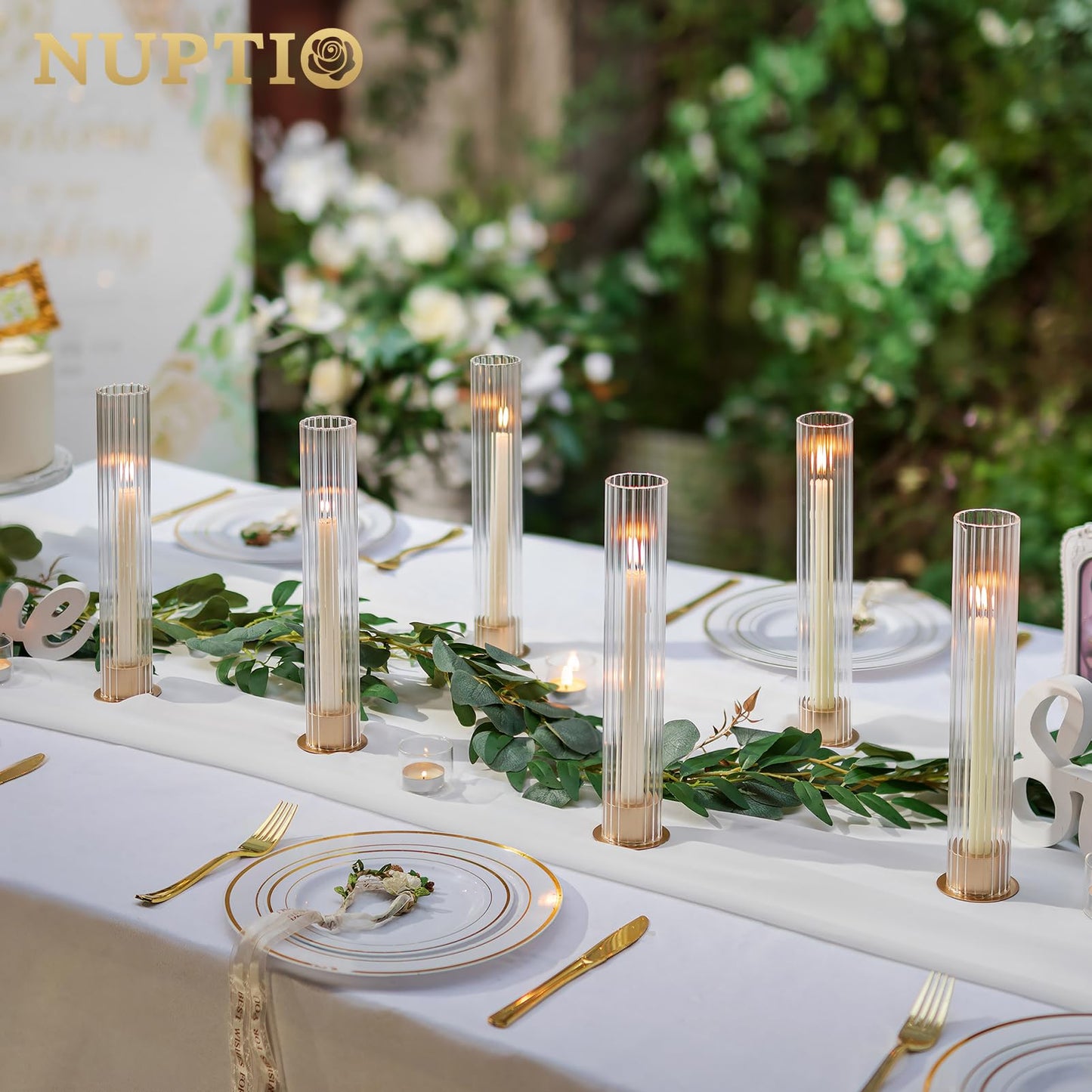 NUPTIO Hurricane Candle Holder for Centerpiece: Set of 10 Metal Taper Candle Holders with Fluted Glass Cylinders - Gold Candlestick Holders Bulk for Outdoor Party Dinner Wedding Table Decoration