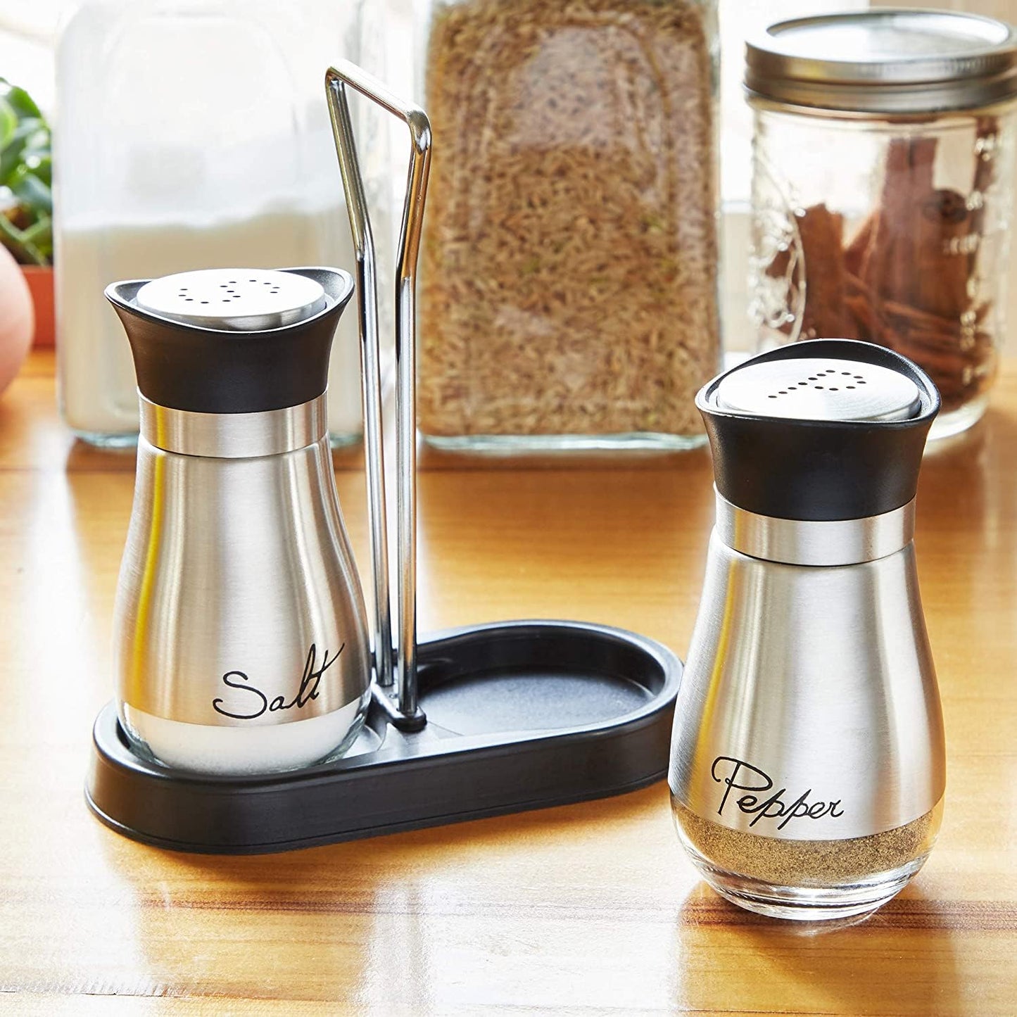 Juvale Stainless Steel Salt and Pepper Shakers Set with Holder, Refillable, Clear Glass Bottoms, Screw-Off Perforated "S" and "P" Caps for Kitchen Table Decor (4oz)