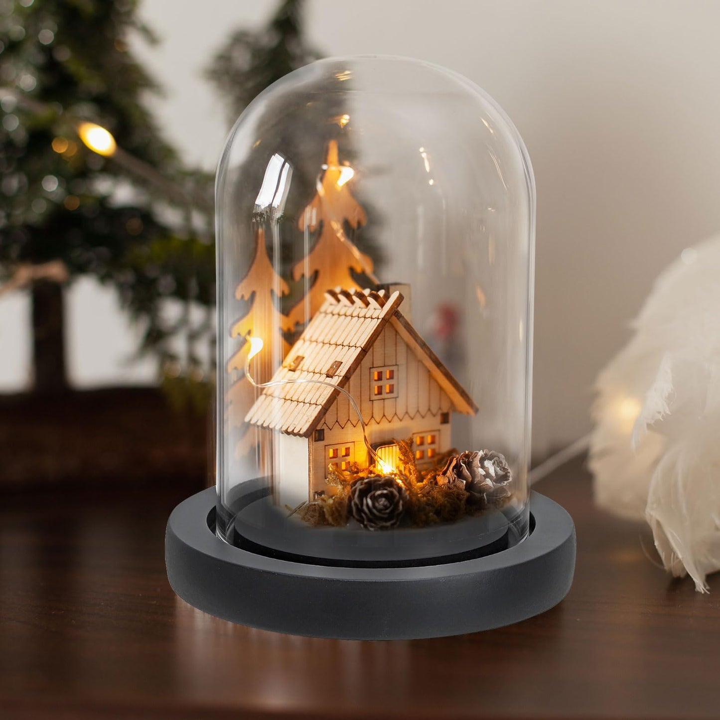 PATIKIL 6.1"x5.9" Clear Cloche Glass Dome, Glass Bell Jar Display Case Tabletop Centerpiece with Black Wooden Base for Christmas Home Decor