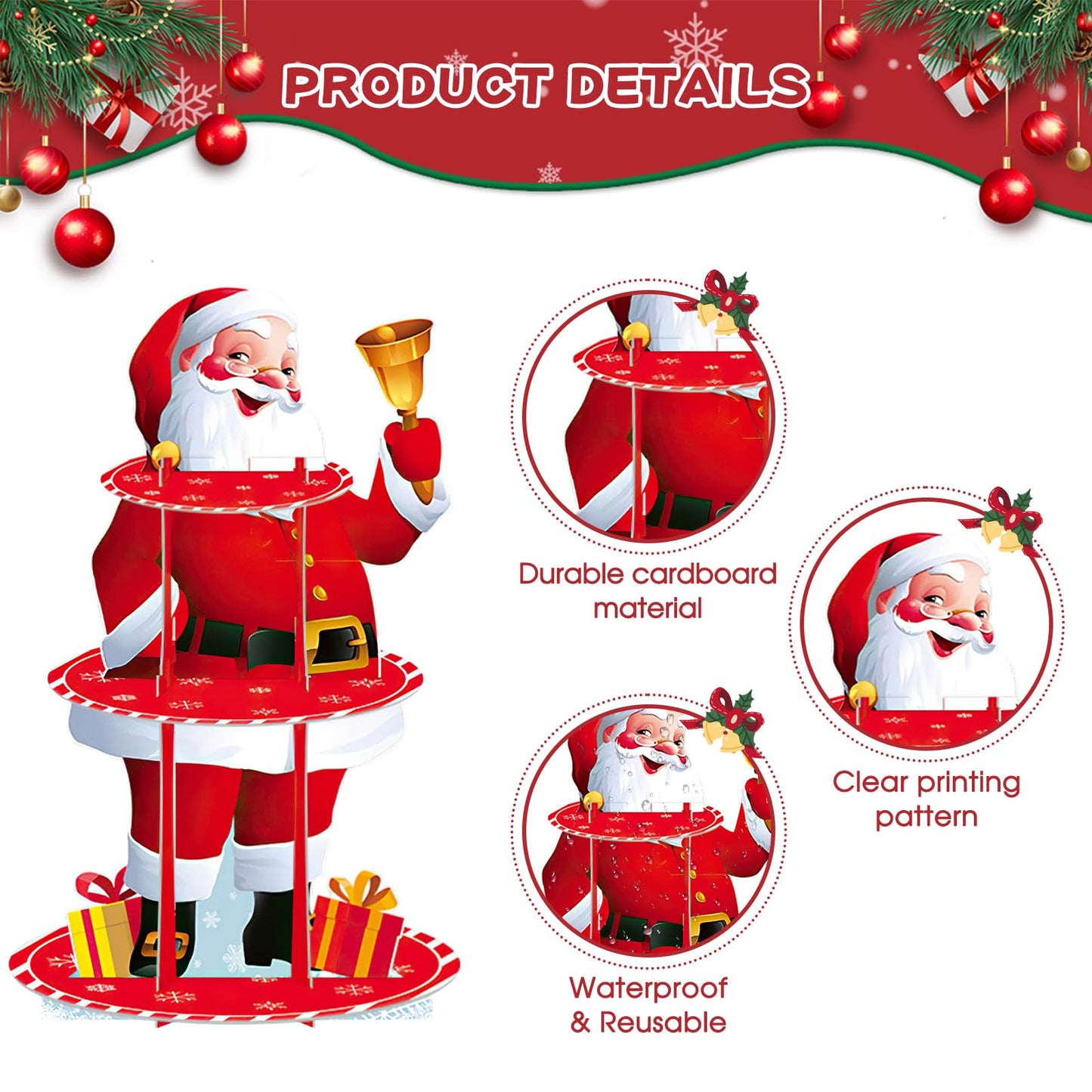 PRATIQUE 2Pcs Christmas Cake Stand Set with Santa & Tree,3-Tier Dessert Display Tower and Santa with Bell Ornament, Rustic Xmas Party Centerpiece for Holiday Cupcakes, Candy, Hot Cocoa Bar Decor