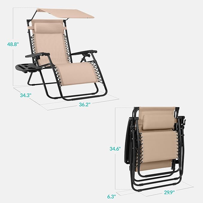 Best Choice Products 30” Wide Folding Zero Gravity Outdoor Recliner Patio Lounge Chair w/Adjustable Canopy Shade, Headrest, Side Accessory Tray - Beige
